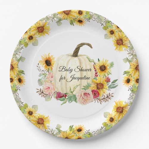 Sunflower Floral Bouquet Fall Girl Baby Shower Paper Plates