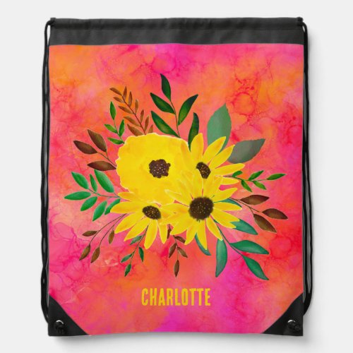 Sunflower Floral Bouquet Pink Art _ Personalized  Drawstring Bag