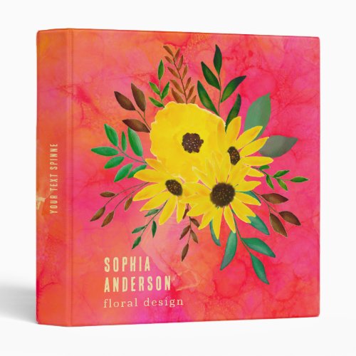 Sunflower Floral Bouquet _ Pink Watercolor Art  3 Ring Binder