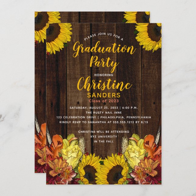 Sunflower Floral Bouquet | Wood Graduation Party Invitation (Front/Back)