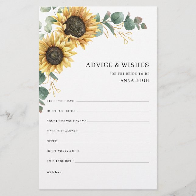 Sunflower Floral Bridal Shower Advice Card (Front)