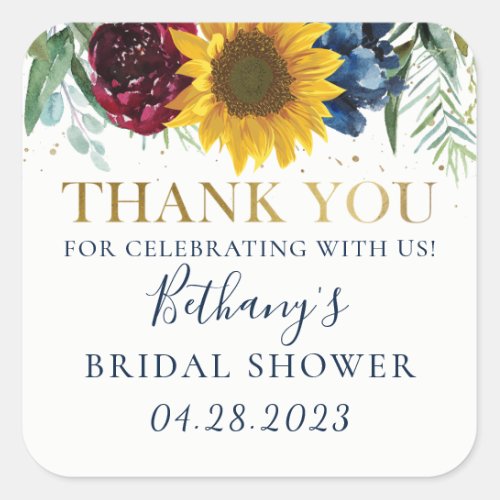 Sunflower Floral Bridal Shower Gold Thank You Squa Square Sticker