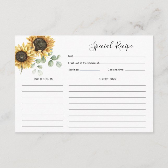 Sunflower Floral Bridal Shower Recipe Enclosure Card (Front)