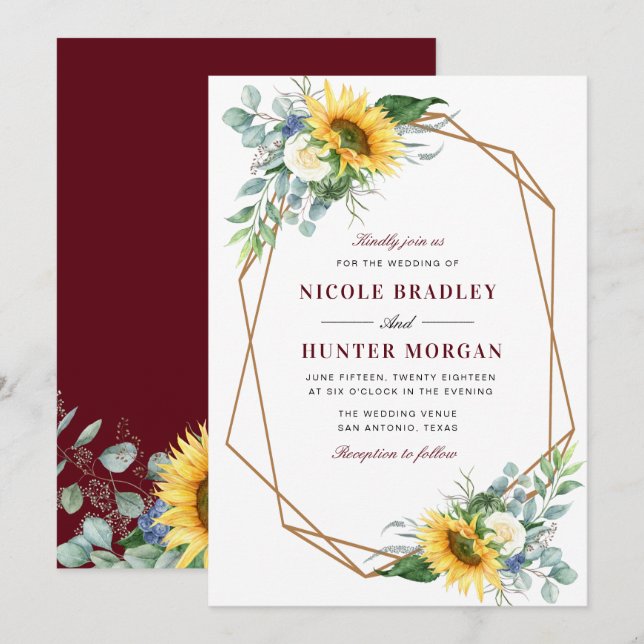 sunflower floral burgundy geometric wedding invitation (Front/Back)