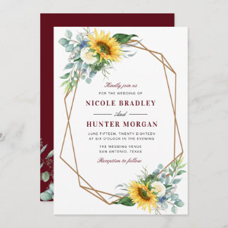 sunflower floral burgundy geometric wedding invitation
