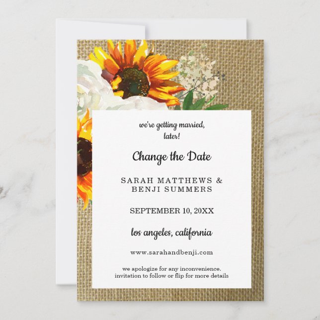 Sunflower Floral Burlap Change the Date 2 Invitation (Front)