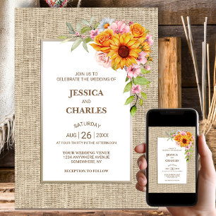 Sunflower Floral Burlap Wedding Invitation