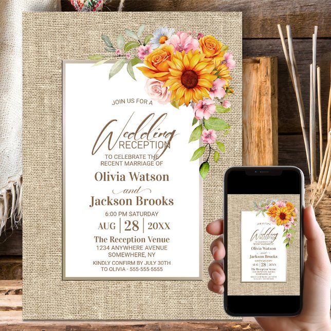 Sunflower Floral Burlap Wedding Reception Invitation (Creator Uploaded)