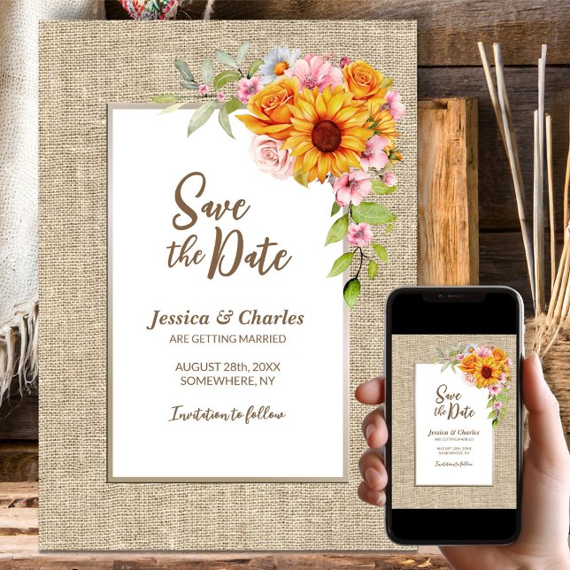 Sunflower Floral Burlap Wedding Save The Date (Creator Uploaded)