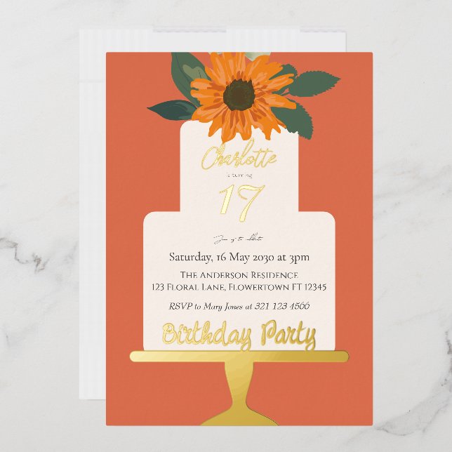 Sunflower Floral Cake Birthday Party Gold  Foil Invitation (Envelope)