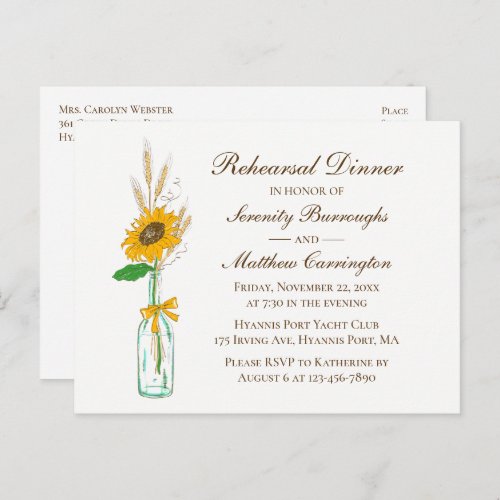 Sunflower Floral Country Wedding Rehearsal Dinner  Invitation Postcard