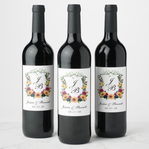 Sunflower Floral Crest Wedding Wine Label