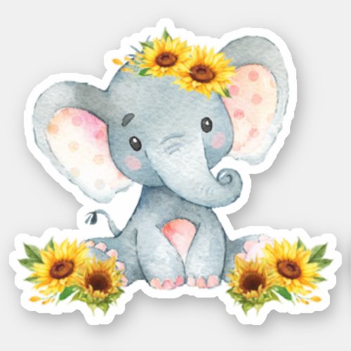 Sunflower Floral Cute Baby Elephant Cut Out Vinyl Sticker