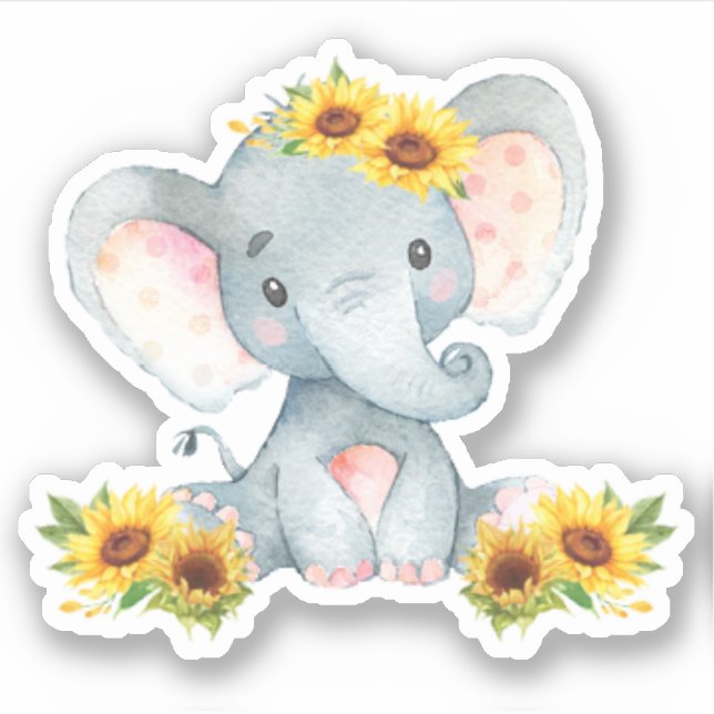 Sunflower Floral Cute Baby Elephant Cut Out Vinyl Sticker (Front)