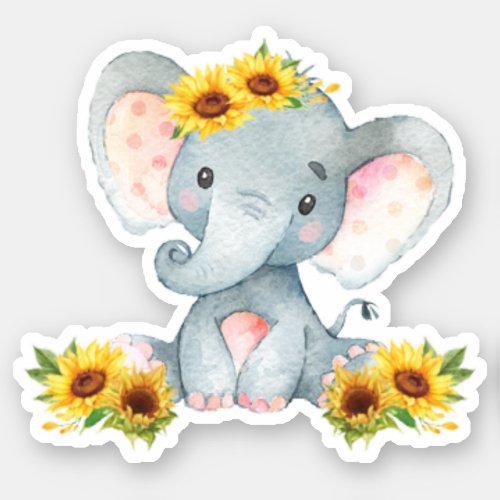 Sunflower Floral Cute Baby Elephant Cut Out Vinyl Sticker