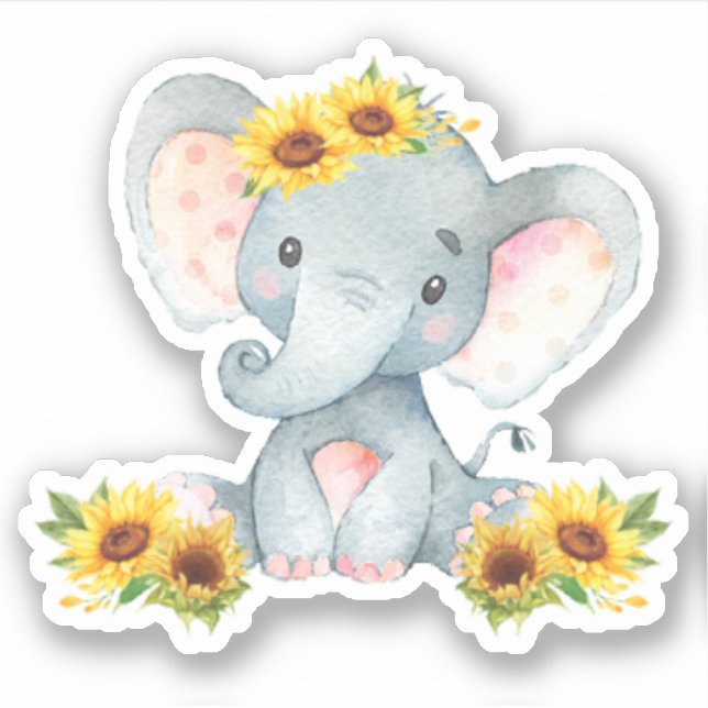 Sunflower Floral Cute Baby Elephant Cut Out Vinyl Sticker (Front)