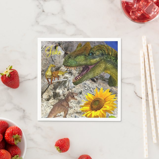 Sunflower Floral Dinosaur Paper Napkins (Insitu)