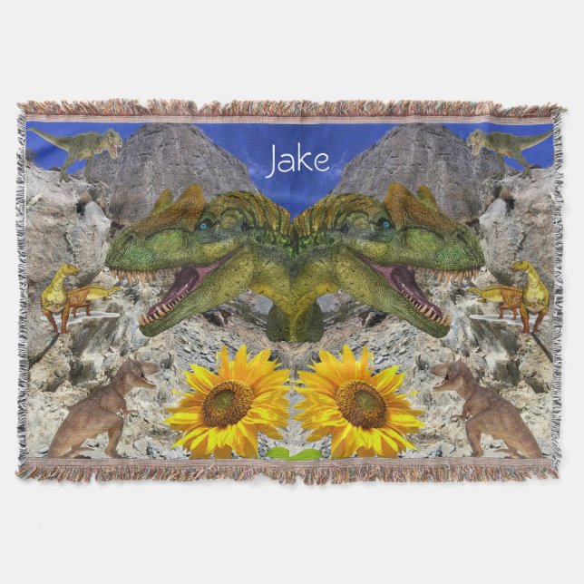 Sunflower Floral Dinosaur Throw Blanket (Front)
