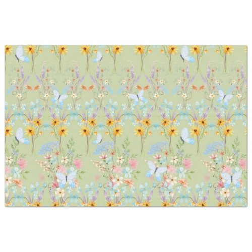 Sunflower Floral Easter Butterfly Green Decoupage Tissue Paper