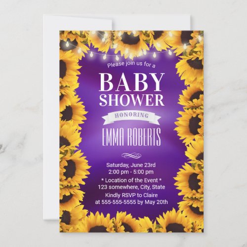 Sunflower Floral Elegant Purple Baby Shower Invitation