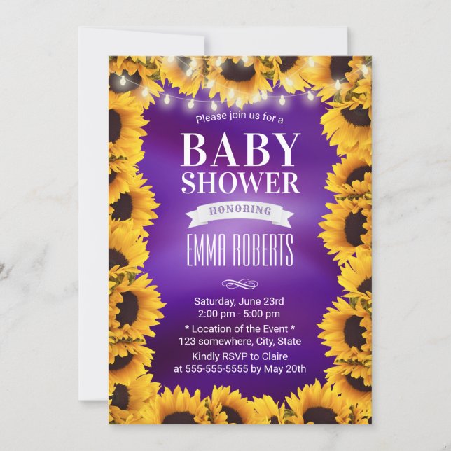 Sunflower Floral Elegant Purple Baby Shower Invitation (Front)
