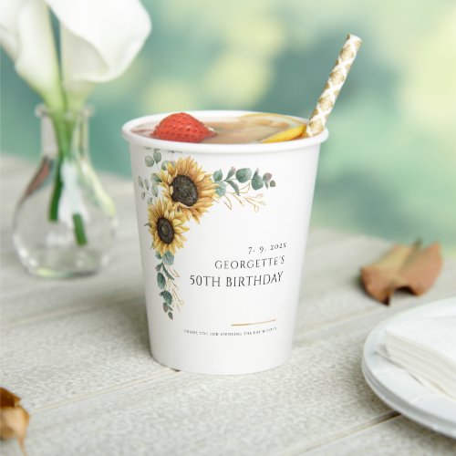 Sunflower Floral Eucalyptus 50th Birthday Party Paper Cups