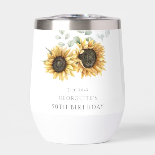 Sunflower Floral Eucalyptus 50th Birthday Party Thermal Wine Tumbler