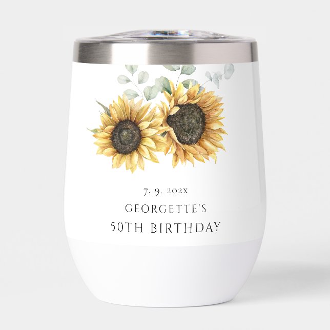 Sunflower Floral Eucalyptus 50th Birthday Party Thermal Wine Tumbler (Front)