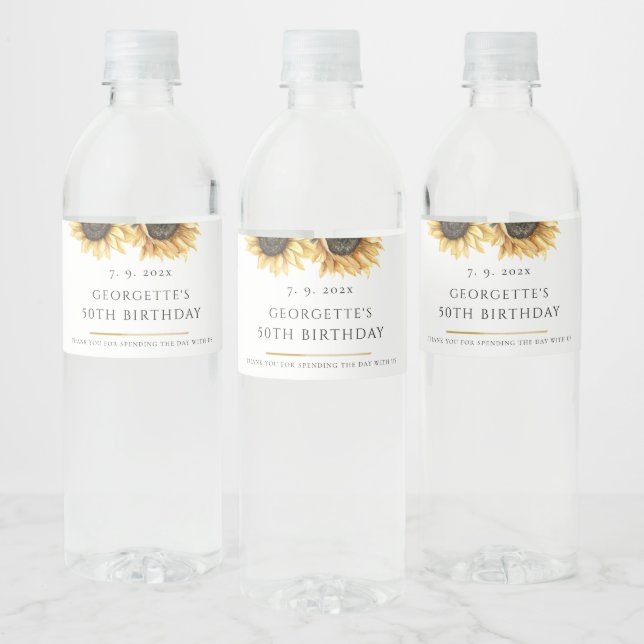 Sunflower Floral Eucalyptus 50th Birthday Party Water Bottle Label (Bottles)