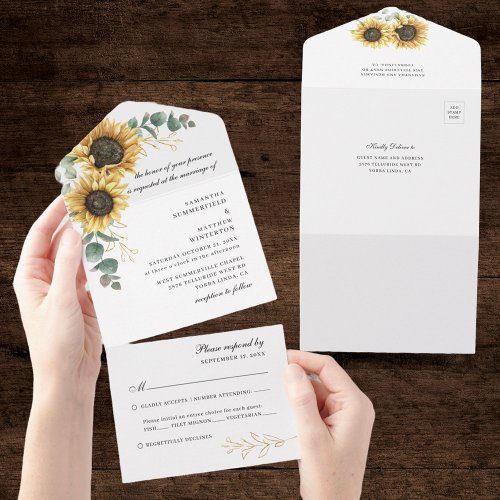 Sunflower Floral Eucalyptus Botanical Wedding All In One Invitation