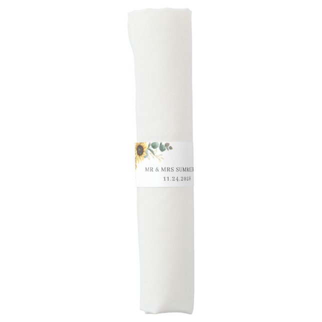 Sunflower Floral Eucalyptus Botanical Wedding Napkin Bands (Front)