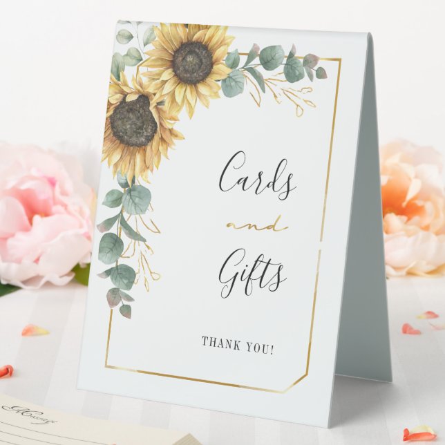 Sunflower Floral Eucalyptus Cards and Gifts Table Tent (In SItu (Wedding))