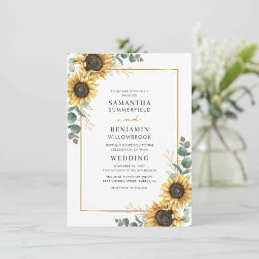 Sunflower Floral Eucalyptus Geometric Wedding Invitation | Zazzle