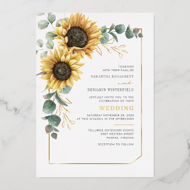 Sunflower Floral Eucalyptus Greenery Gold Foil Invitation (Front)