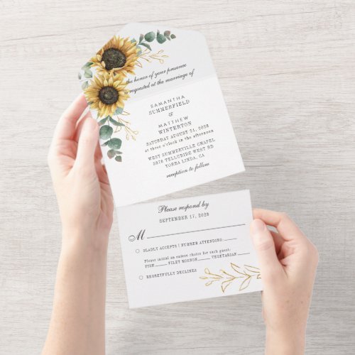 Sunflower Floral Eucalyptus Greenery Wedding All In One Invitation