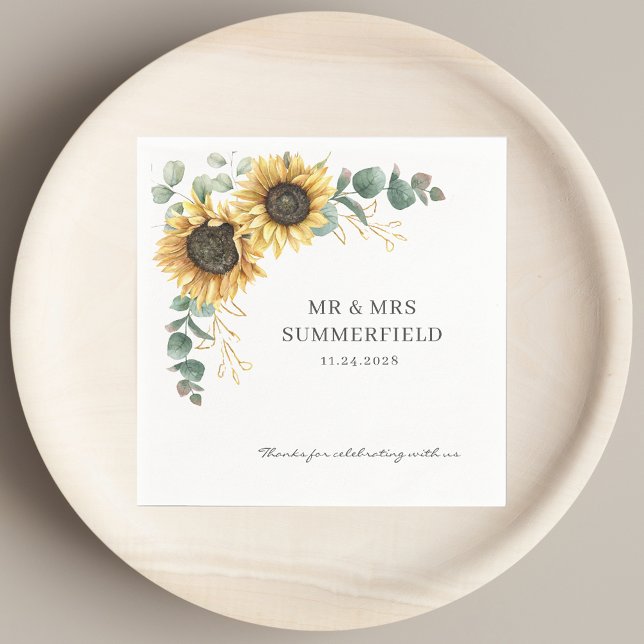 Sunflower Floral Eucalyptus Greenery Wedding Paper Napkins (Sunflower Floral Eucalyptus Greenery Wedding Paper Napkins)