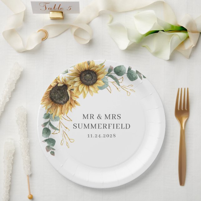 Sunflower Floral Eucalyptus Greenery Wedding Paper Plates (Wedding)
