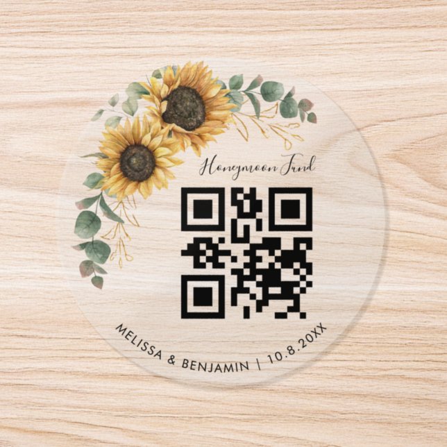 Sunflower Floral Eucalyptus Honeymoon Fund QR Code Classic Round Sticker (Single)