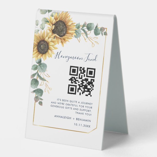 Sunflower Floral Eucalyptus QR Code Honeymoon Fund Table Tent (Front)