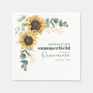 Sunflower Floral Eucalyptus Quinceanera 15th Party Napkins