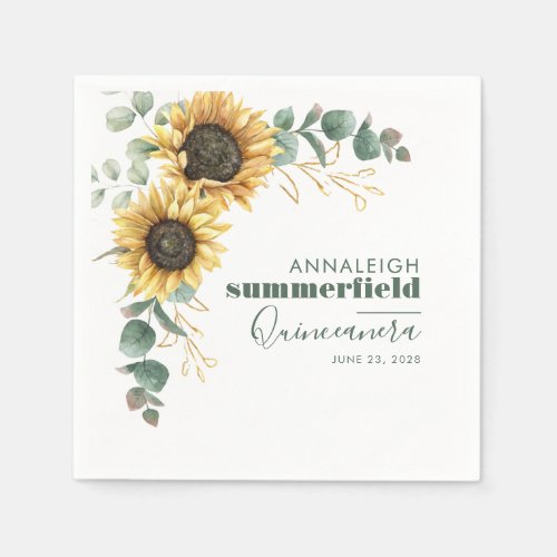Sunflower Floral Eucalyptus Quinceanera 15th Party Napkins