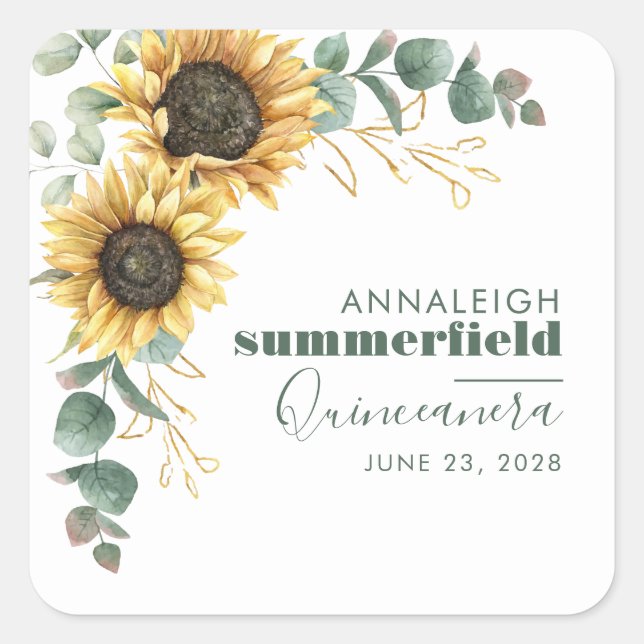 Sunflower Floral Eucalyptus Quinceanera 15th Party Square Sticker (Front)