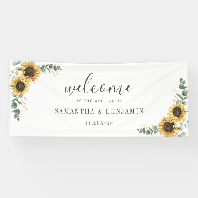 Sunflower Floral Eucalyptus Script Wedding Banner (Horizontal)