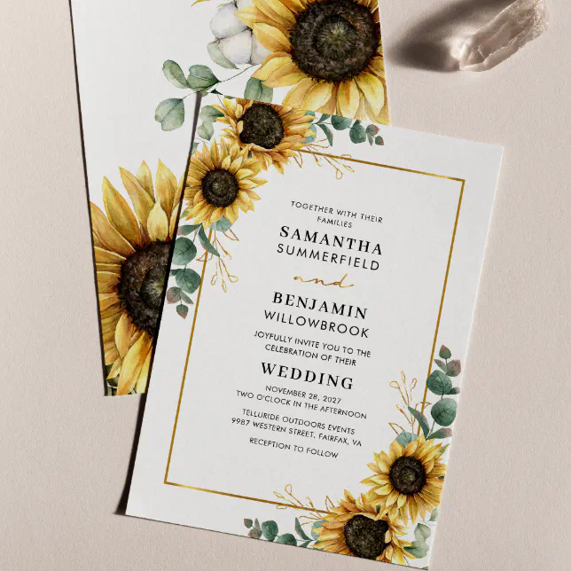 Sunflower Floral Eucalyptus Watercolor Wedding Invitation | Zazzle