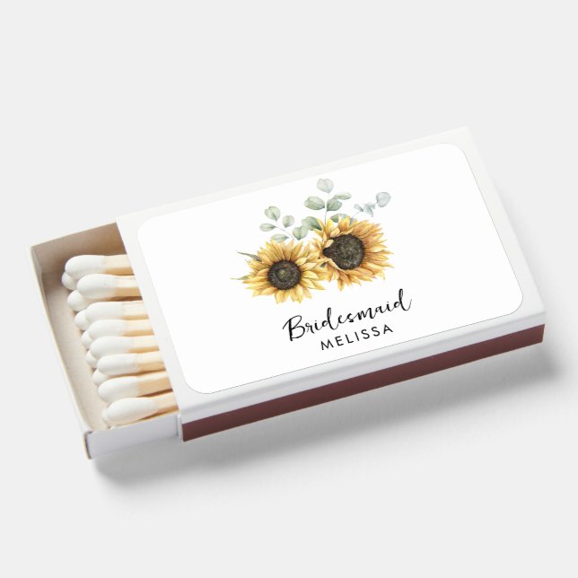 Sunflower Floral Eucalyptus Wedding Bridesmaid Matchboxes (Front Open)