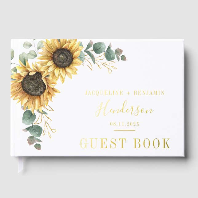 Sunflower Floral Eucalyptus Wedding Gold Foil Foil Guest Book (Front)