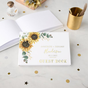 Sunflower Floral Eucalyptus Wedding Gold Foil Foil Guest Book
