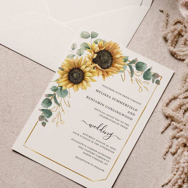 Sunflower Floral Eucalyptus Wedding Invitation (Sunflower Floral Eucalyptus Wedding Script Watercolor Invitation)