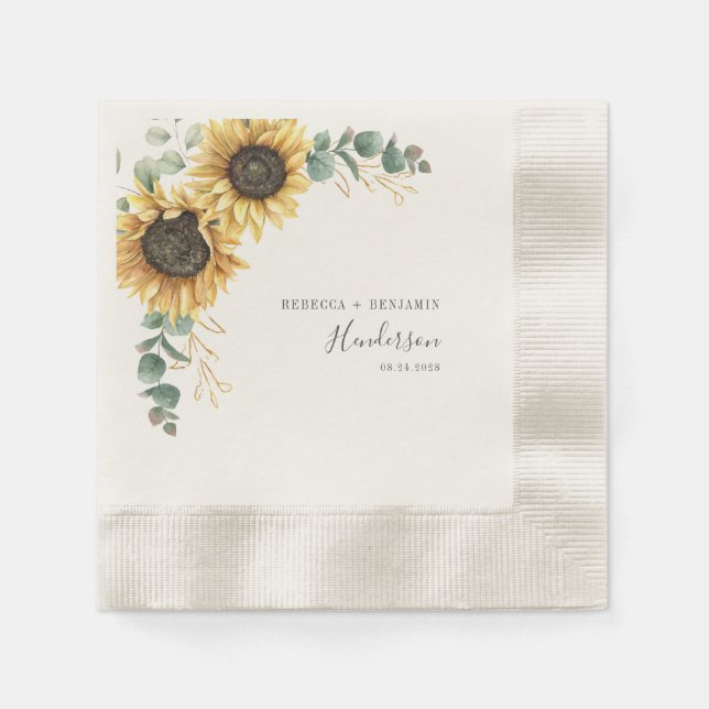 Sunflower Floral Eucalyptus Wedding Paper Napkins (Front)