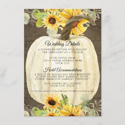 Sunflower Floral Fall Pumpkin Wedding Details Enclosure Card